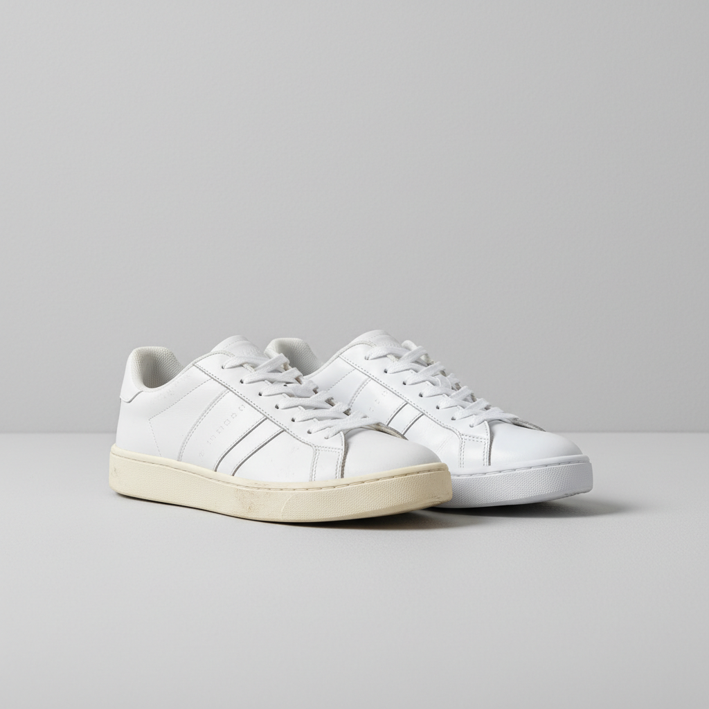 A high-quality, professional studio photograph of a pair of classic white sneakers, positioned side-by-side on a minimalist, light grey surface. One shoe is prominently featured with visible signs of common wear and discoloration: subtle yellowing, faint grey dirt streaks, and minor scuff marks along the sole, clearly indicating a need for cleaning. The other shoe, positioned slightly behind or to the side, appears pristine, sparkling white, and flawlessly clean, representing the desired 'after' state. The lighting is bright and even, highlighting the clear contrast in cleanliness between the two.