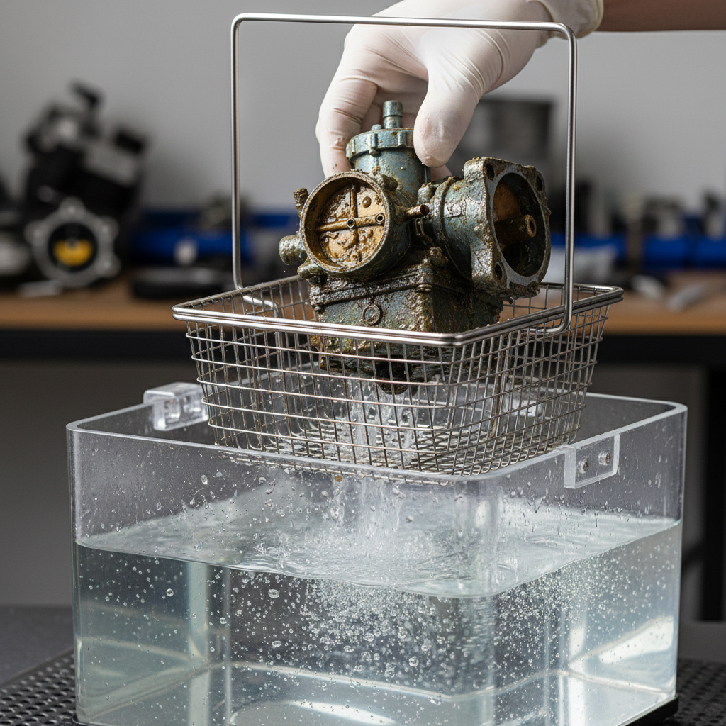 A close-up, professional photo of a disassembled, dirty carburetor component being carefully lowered into the basket of an ultrasonic cleaning machine. The transparent cleaning liquid inside the tank should subtly show visual effects of cavitation, such as a faint shimmering or millions of tiny, almost imperceptible bubbles, symbolizing the ultrasonic waves. The carburetor part itself displays visible grime, sticky fuel residues, and areas of oxidation, highlighting its pre-cleaning state. The background is a slightly blurred, clean workshop environment.