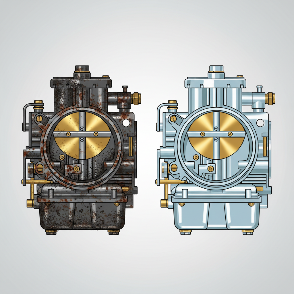 A side-by-side technical illustration comparing two carburetors. The carburetor on the left is depicted with internal components clearly showing thick, dark, sticky fuel residues, rust, and dirt clogging its fine channels, jets, and passages. The carburetor on the right, in contrast, is rendered sparkling clean, with bright, polished metal surfaces and all its intricate internal passages appearing perfectly clear and unobstructed. The overall style is clean, precise, and highlights the visual transformation from dirty to pristine.