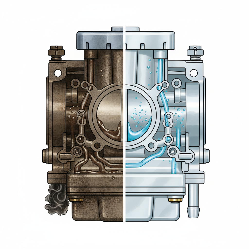 A detailed technical cross-section illustration of a carburetor, split down the middle to show a 'before and after' or 'dirty vs. clean' comparison. On the left, depict a carburetor heavily contaminated with dark, grimy deposits clogging the jets, fuel passages, and venturi, illustrating restricted and inefficient fuel-air flow. On the right, show the exact same carburetor components sparkling clean, with clear, unobstructed channels and a perfectly atomized mixture of blue fuel and white air flowing smoothly. The image should highlight the contrast in efficiency and cleanliness.