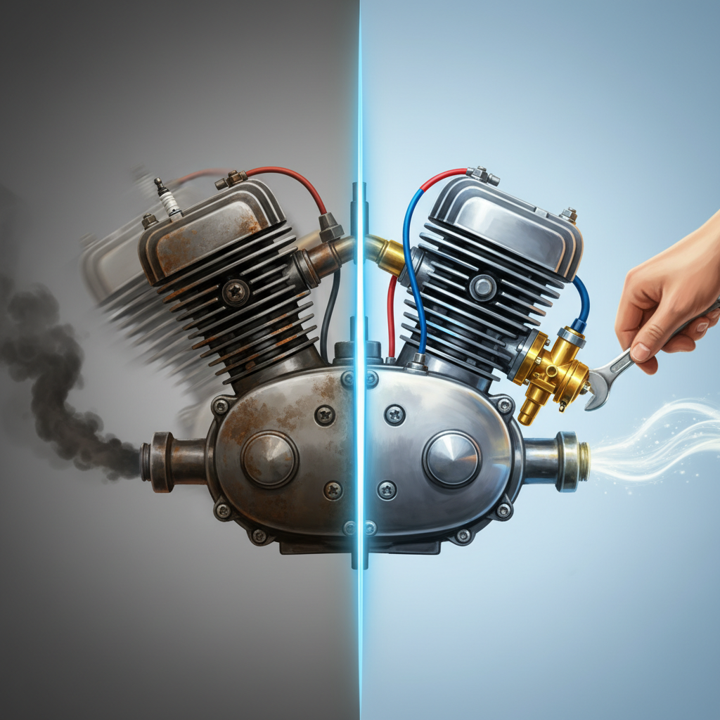 An illustrative scene featuring a small engine, like one from a lawnmower or a vintage motorcycle, in a dual state. On the left side, the engine appears sluggish and struggling, with a slightly rough idle indicated by subtle vibrations and maybe a hint of dark, inefficient exhaust. On the right side, the same engine is depicted running smoothly and powerfully, with bright, vibrant colors, suggesting high performance and reliability. A clean, well-maintained hand could be subtly positioned near the carburetor on the 'after' side, implying the benefits of cleaning. Stylized digital painting with a clear distinction between the two states.