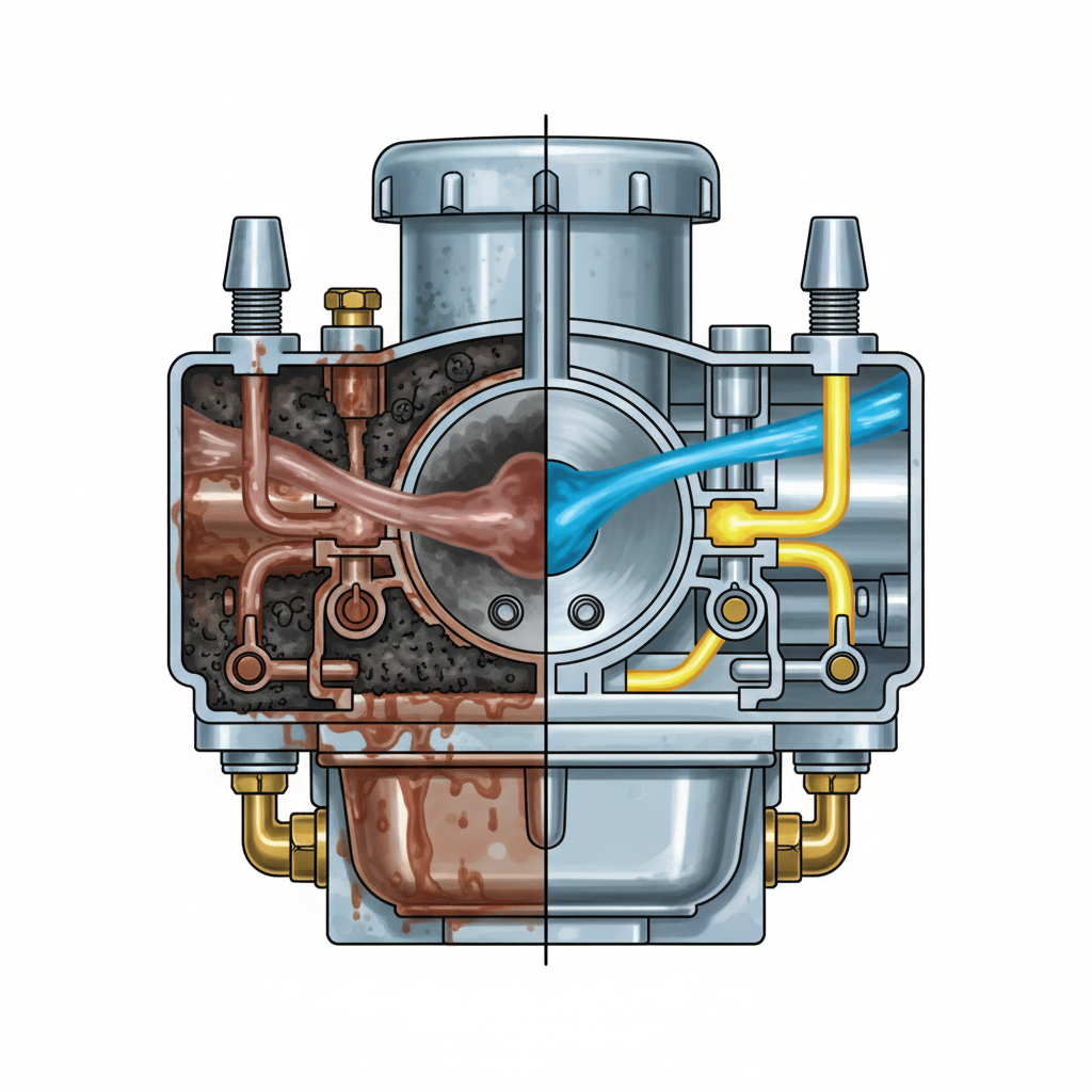 A detailed, cutaway technical illustration of a carburetor, split down the middle to show a 'before and after' effect. On one side, the internal passages and jets are visibly clogged with dark, gritty deposits, restricting the flow of a murky, reddish-brown liquid (representing fuel) and air. On the other side, the same passages are pristine and clear, with a smooth, bright blue stream representing air and a vibrant yellow stream representing clean fuel flowing freely. The overall impression should be stark contrast, emphasizing the importance of cleaning. The style should be clean, precise, and informative.