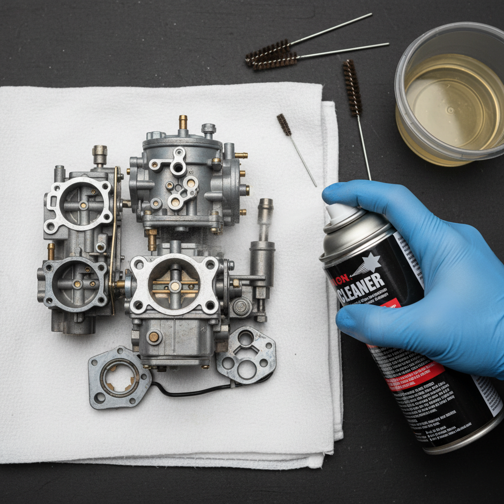 A professional, high-angle photo focusing on a workbench scenario for carburetor cleaning. A disassembled carburetor sits on a clean, light-colored shop towel. Nearby, a generic aerosol can, depicting a spray cleaner, is held by a gloved hand aiming its nozzle towards a component of the carburetor, suggesting active cleaning. In the background, out of focus, a small container with a cleaning solution and some brushes are visible. The lighting should be bright and even, highlighting the metallic textures of the carburetor parts and tools, conveying a sense of practical maintenance.