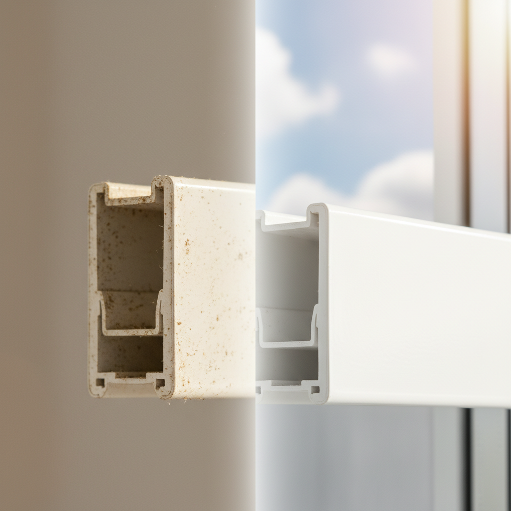 A compelling visual showcasing a modern PVC window frame, split into two distinct sections. The left side depicts a corner of the window frame, distinctly yellowed and dull, with subtle traces of environmental grime clinging to its surface. The right side shows the same frame section, gleaming pristine white and sparkling clean, reflecting subtle hints of blue sky and bright light. The transition between the two sides should be smooth, symbolizing a successful cleaning transformation and renewed brightness. Professional photo style with inviting, natural lighting.