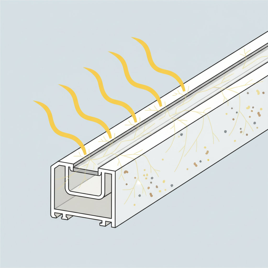 An infographic-style illustration visually explaining the primary causes of window frame yellowing. Focus on a cross-section of a white PVC window frame. From above, stylized yellow sun rays (representing UV radiation) are visibly impacting the frame material, with subtle, faded yellow lines or microscopic degradation emerging from the sun-exposed surface. Simultaneously, tiny, diverse particles (representing dust, pollen, and soot) are shown adhering to the frame's exterior, hinting at environmental contamination. The background is clean and minimalistic, emphasizing the scientific processes at play. Clean flat illustration style.