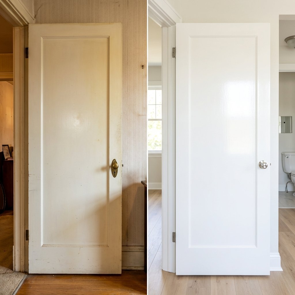 A visually striking split image depicting a 'before and after' transformation of a white interior door. On the left side, the door appears visibly yellowed and slightly dull, set within a room that feels a bit aged. On the right side, the same door is pristine, bright white and gleaming, reflecting light, in a refreshed and inviting room setting. The image should convey a sense of renewal and cleanliness, emphasizing the dramatic improvement from yellowed to sparkling white. Use a professional, clean photographic style with good lighting to highlight the color difference.