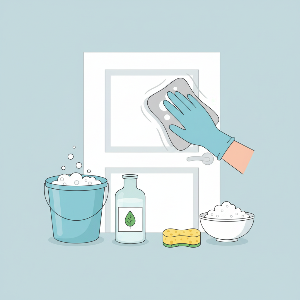 A clean and modern flat illustration depicting the process of cleaning a door. The main focus is a pair of hands, wearing light blue protective gloves, actively wiping a section of a white, subtly textured door surface with a soft, damp microfiber cloth. In the background or surrounding the cleaning action, neatly arranged essential cleaning supplies are visible: a bucket with soapy water and suds, a bottle of clear liquid (representing vinegar), a small bowl with a thick paste (representing baking soda), and a clean sponge. The style should be bright, friendly, and visually clear, without any specific brand labels.
