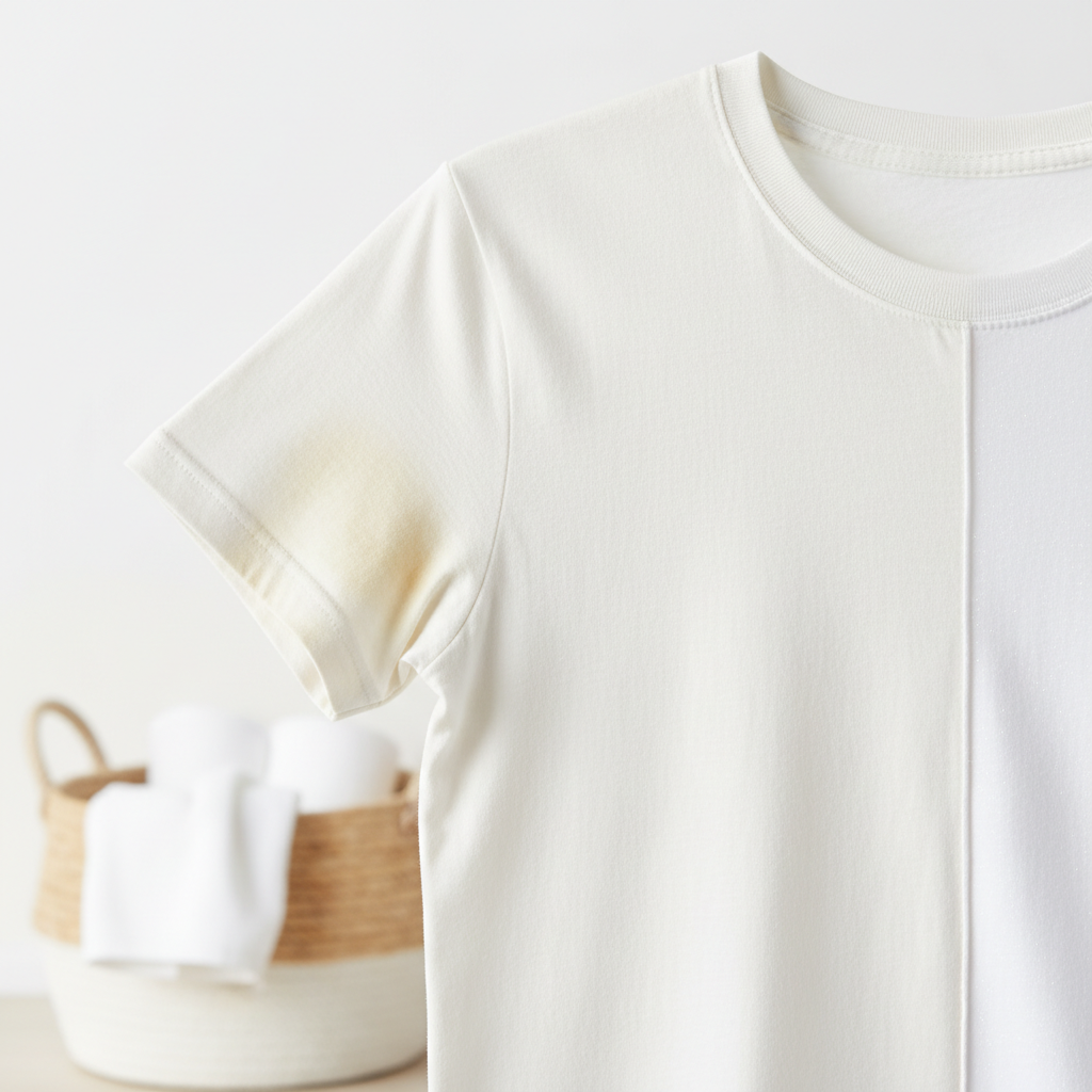 A close-up of a white t-shirt. One half is visibly yellowed and dull, with subtle discoloration evident under the armpit and collar, representing the 'before' state. The other half is impeccably pristine, dazzling white, and sparkling clean, symbolizing the successful 'after' transformation. The backdrop is a soft, blurred domestic setting, perhaps a clean laundry basket, enhancing the focus on the fabric. The overall mood should be hopeful and transformative. Professional, clean product photography with a bright, airy feel.