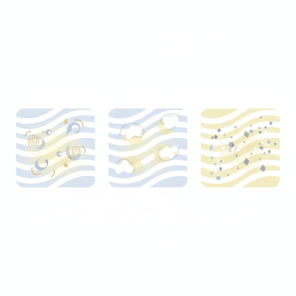 A clear, multi-panel flat illustration depicting key reasons why white laundry yellows. Panel one shows abstract perspiration droplets and body oils subtly merging into white fabric, causing a yellow tint. Panel two illustrates deodorant residue, perhaps as a subtle chalky layer or chemical interaction, creating yellow spots. Panel three visualizes hard water minerals, shown as tiny, abstract crystalline shapes, adhering to fabric fibers and causing a dull, yellowish film. The overall aesthetic should be clean, minimalist, and infographic-like, using soft, muted yellow tones for the discoloration.