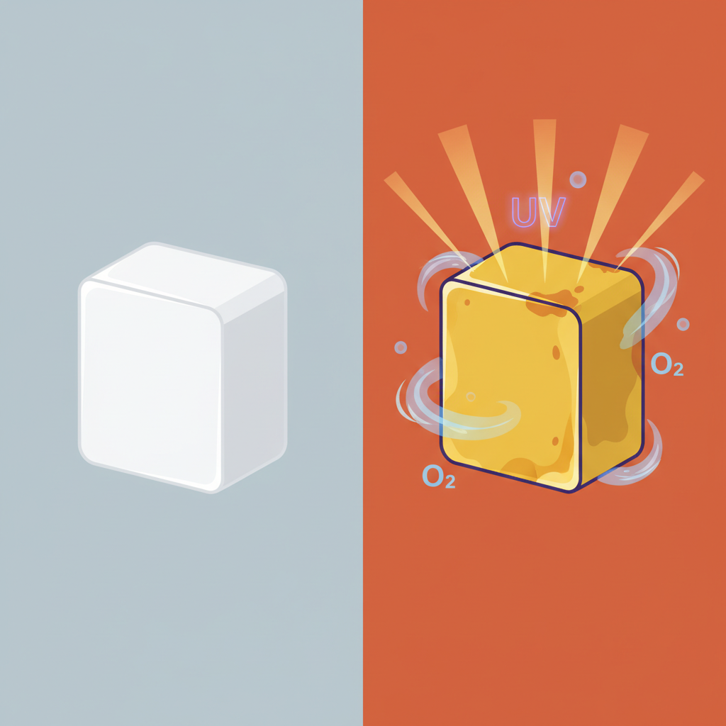 A split-scene flat illustration depicting the concept of plastic degradation. On the left side, a pristine, bright white generic plastic object (e.g., a simple box or housing) is shown under gentle, neutral light. On the right side, the identical plastic object is distinctly yellowed, with subtle visual cues representing the causes: faint sun rays with a 'UV' glow descending onto it, and swirling, abstract oxygen molecules surrounding it, indicating oxidation. The overall style should be clean, minimalist, and use a contrasting color palette to highlight the visual difference and the factors contributing to the yellowing.