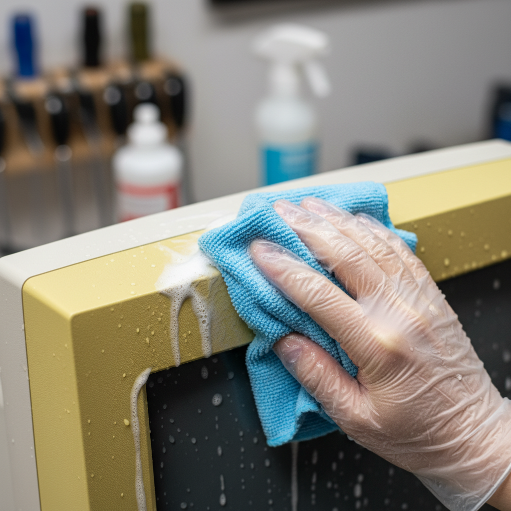 A close-up, professional photo-realistic image capturing the moment of cleaning a common household plastic item. A hand, wearing a subtle glove if desired, holds a soft, damp sponge or cloth, wiping a section of a visibly yellowed plastic surface (e.g., an old computer monitor bezel or a plastic garden chair armrest). One part of the surface is still clearly yellow, while the section being wiped appears noticeably brighter and whiter, showcasing the restoration process. A simple, out-of-focus background of a clean workspace adds context to the practical task.