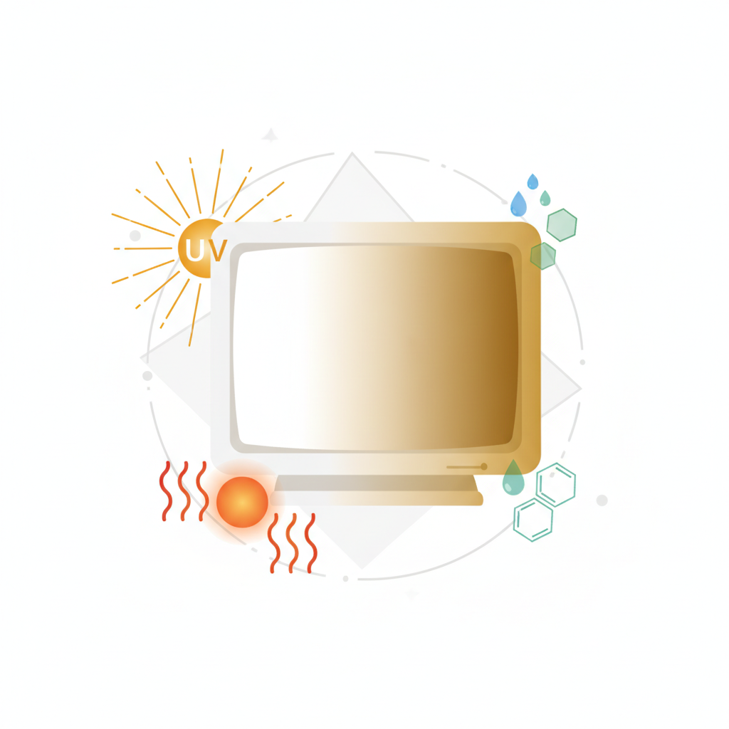 A conceptual flat illustration depicting the various causes of plastic yellowing. In the center, a common plastic item (e.g., an old beige computer monitor housing) shows a clear gradient from its original white to a distinct yellow. Around it, visual representations of the culprits are arranged: bright sun rays with a UV symbol pointing towards the plastic, subtle heat waves emanating from an abstract heat source near the plastic, and stylized chemical droplets or molecular symbols subtly interacting with the plastic's surface. The background is clean and minimalistic, emphasizing the factors.