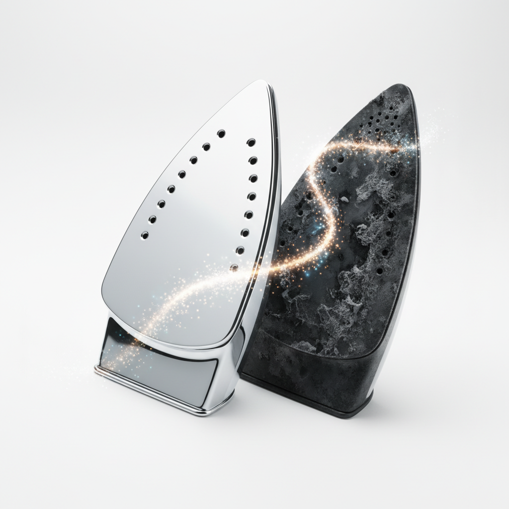 A split composition showcasing the transformation of an iron sole. On one side, a pristine, gleaming chrome or ceramic iron sole, completely free of any residue, reflecting light beautifully. On the other side, an abstract, slightly desaturated or shadowy representation of a dirty iron sole, hinting at burnt-on fabric and starch. A subtle, visual flow, perhaps a soft glow or sparkling elements, connects the 'before' and 'after' states, symbolizing the cleaning process. The background is a clean, bright, uncluttered surface. This clean product photography style emphasizes simplicity and effective results.