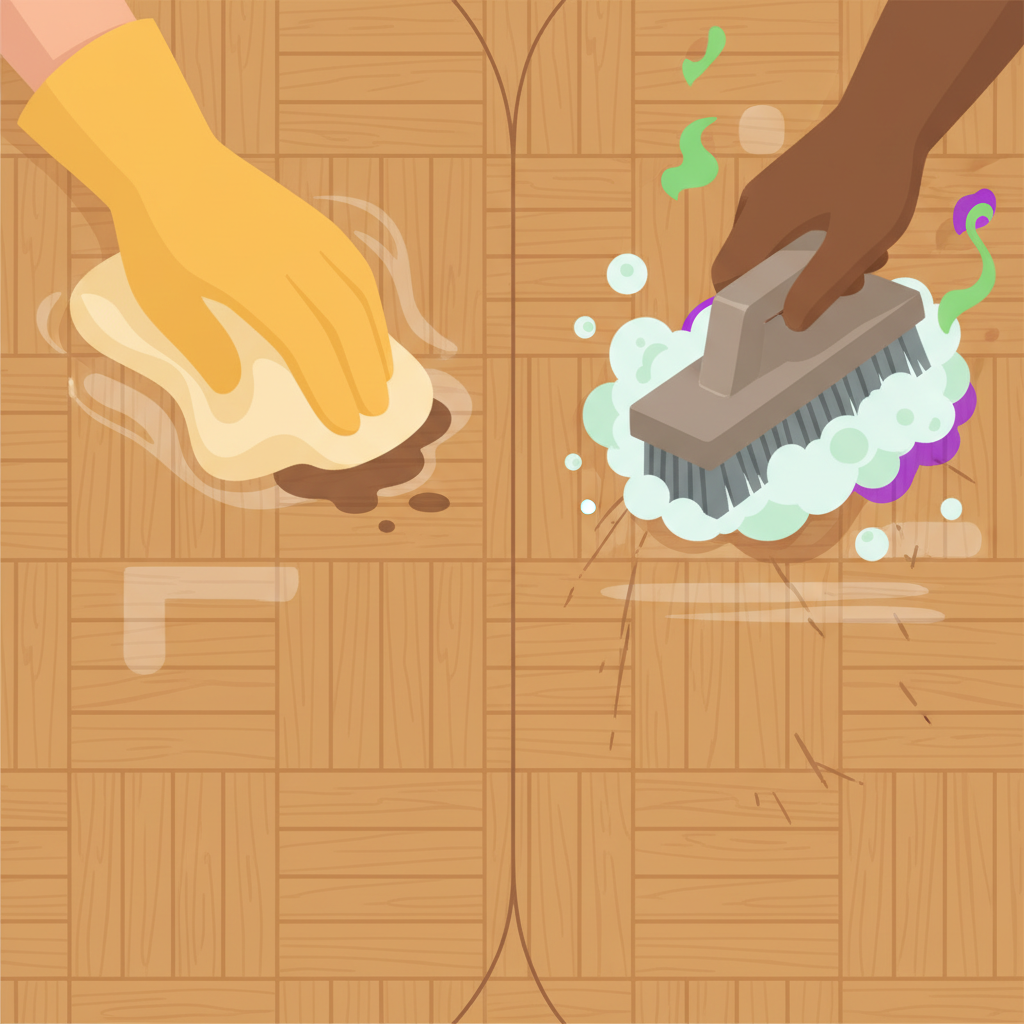 A clean flat illustration or stylized diagram depicting two contrasting scenarios on sealed parquet flooring. On the left side, a gentle hand uses a soft cloth and a subtle, non-abrasive cleaning solution on a small stain on the parquet, visually implying careful preservation. On the right side, a different hand uses an aggressive, harsh-looking chemical (represented by strong bubbles or harsh fumes) or a stiff, abrasive brush on a similar stain, with subtle visual cues suggesting damage or dullness to the parquet's protective layer. The illustration should clearly differentiate between correct and incorrect cleaning methods.