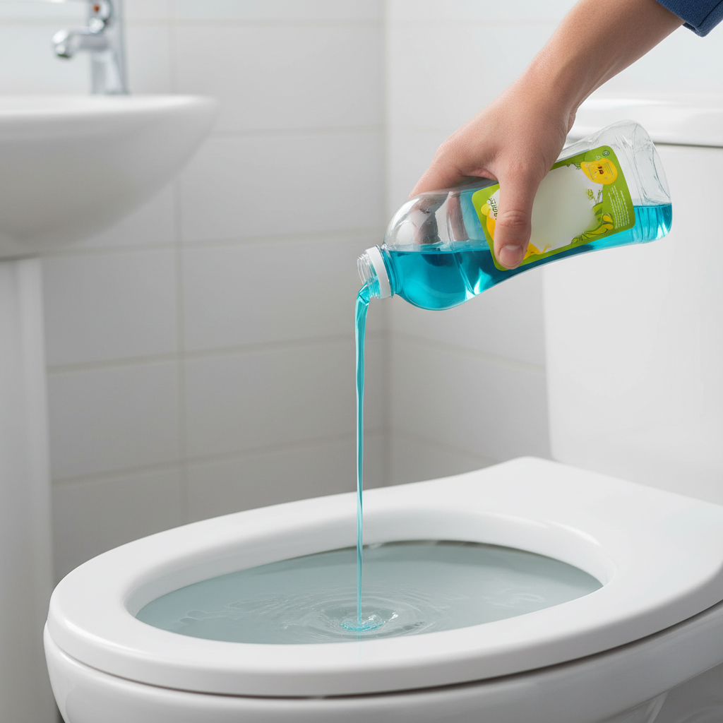 A brightly lit, clean bathroom scene. A close-up view of a white ceramic toilet bowl, filled with water that is visibly higher than normal, indicating a blockage. A human hand, holding a generic, colorful bottle of dish soap, is tilted to pour a stream of the blue liquid directly into the standing water of the toilet bowl. The focus is on the simple, practical action of applying the solution to the problem. The background is slightly blurred to keep the toilet and hand prominent. Style: A professional, well-composed photograph with natural lighting.