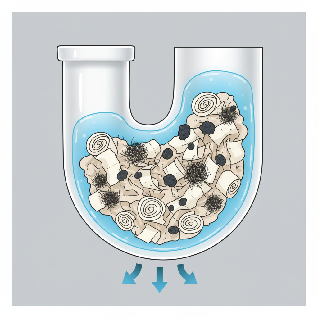 An illustrative cross-section view of a toilet's drain pipe, depicting a common clog. The pipe is shown in a clean, schematic style. Within the pipe, a dense, irregular mass representing the clog is visible, composed of layered toilet paper and some organic-looking debris. Surrounding this clog, a distinct, translucent blue layer (representing the dish soap) acts as a lubricant, separating the clog from the pipe's interior wall. Subtle visual cues, like small arrows, suggest the downward movement of the now-lubricated clog through the pipe. Style: Detailed infographic illustration with a modern, clear aesthetic.
