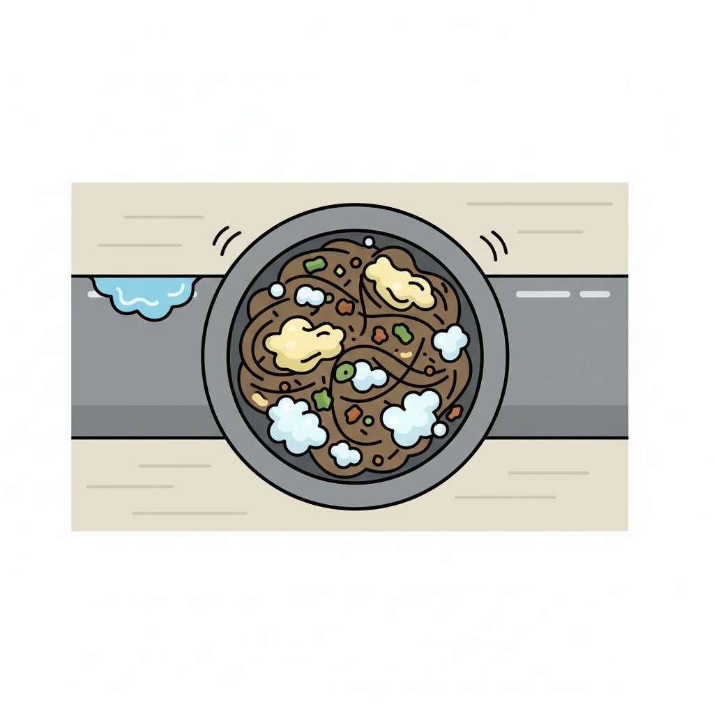 A detailed, cutaway flat illustration depicting the inside of a household drainpipe. The pipe is shown in cross-section, revealing a significant blockage. Within the pipe, a dense mass composed of interwoven strands of hair, congealed grease, small food particles, and white soap scum is visible, completely obstructing the water flow. A trickle of water is depicted pooling behind the blockage, indicating the obstruction. The background is a clean, minimalist representation of a wall, suggesting it's embedded within a home. The style is clean, modern, and easily understandable, suitable for explaining a complex problem.