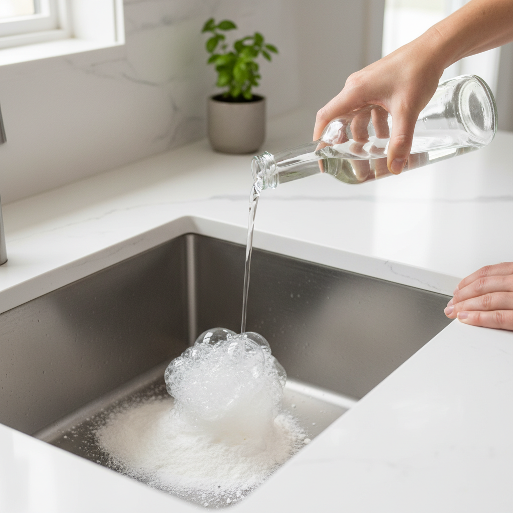 A bright and clean professional photo illustrating the 'baking soda and vinegar' method for unclogging a drain. The scene features a modern kitchen sink. A pair of hands is actively pouring white vinegar from a clear bottle into the sink's drain, where a layer of baking soda is already visible. A vigorous effervescent reaction, characterized by white foam and bubbles, is erupting from the drain opening, indicating the chemical interaction. The surrounding sink area is immaculate, emphasizing the simplicity and effectiveness of the DIY method. The lighting is soft and natural, creating an inviting and helpful atmosphere.