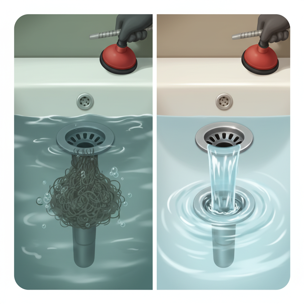 A vibrant, dynamic illustration in a professional, slightly realistic cartoon style. The scene should depict a common household bathroom sink or shower drain. On one side, show water pooling and barely draining, with a visible clump of hair and soap scum just below the drain opening, symbolizing a severe clog. On the other side, show the same drain, but with water flowing freely and rapidly down, creating a swirl, indicating a clear pipe. A hand could be seen in the background, subtly holding a common plumbing tool like a plunger or a pipe snake, implying the action of resolution. The overall mood should transition from frustration to relief and effectiveness.