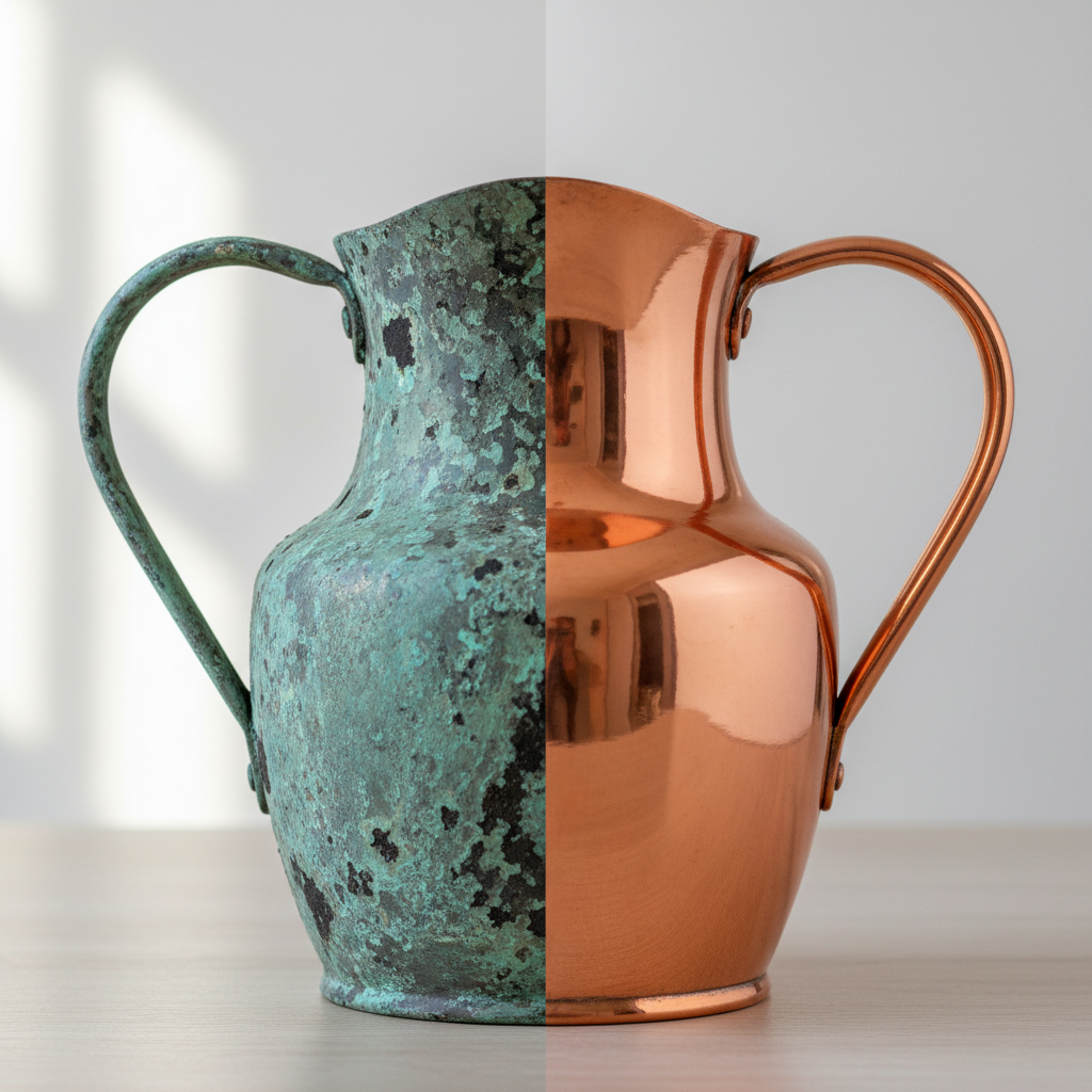 A high-quality split-screen photograph showcasing a single copper object, such as a decorative pitcher or a section of a flat sheet. The left half of the object is visibly covered in a dull, uneven, greenish-blue patina, characteristic of significant weathering and corrosion. The right half, in stark contrast, gleams with the warm, lustrous, reddish-orange shine of perfectly cleaned and polished copper. The image emphasizes the dramatic transformation and the successful restoration of the metal's original beauty. Professional photo style, with clear focus and natural, soft lighting that highlights both the texture of the weathered surface and the reflectivity of the polished metal.
