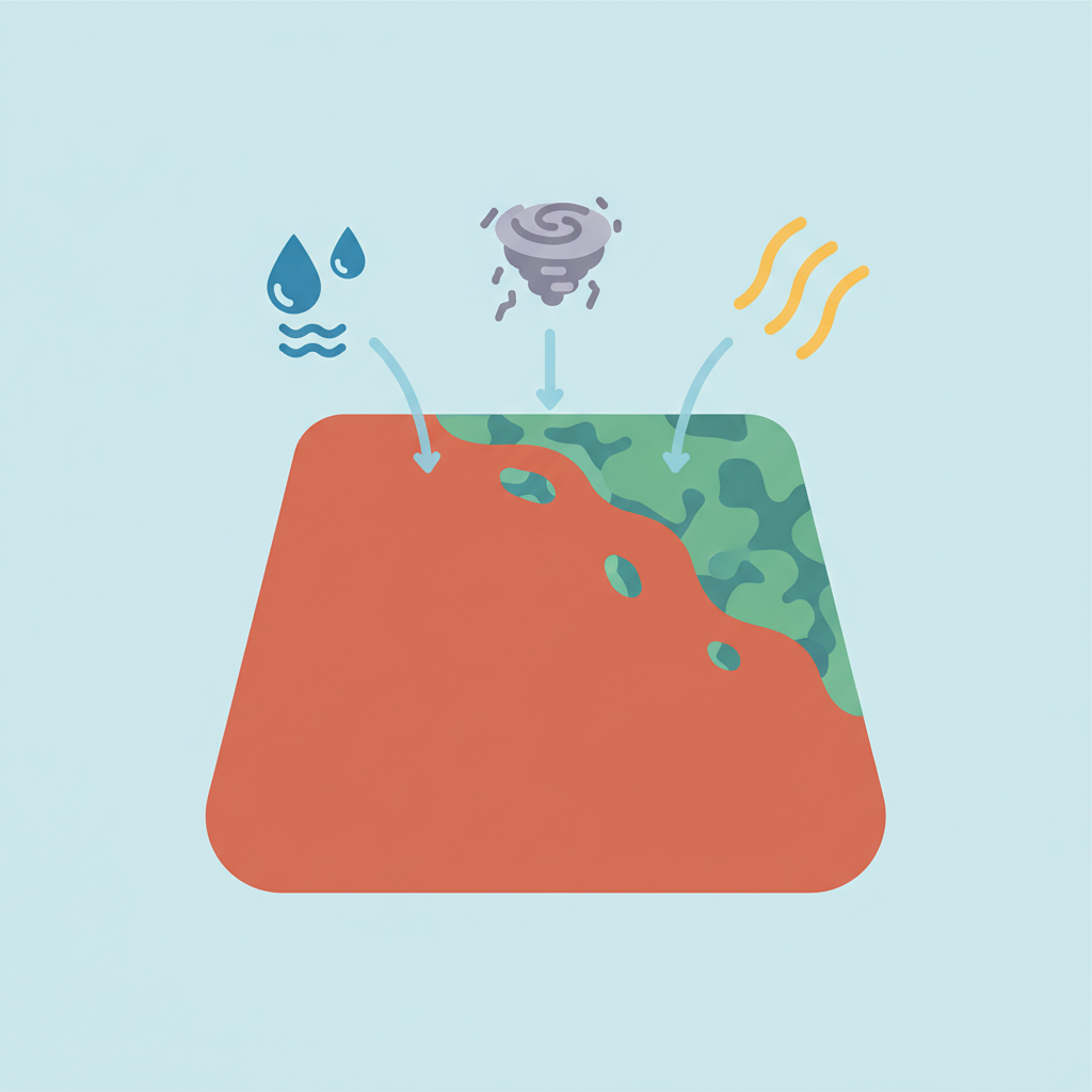 A stylized flat illustration depicting the chemical process of copper weathering. In the center, a simplified, reddish-orange copper surface is shown reacting with surrounding elements. Above it, abstract, subtle symbols represent environmental factors: stylized droplets for rain, wispy clouds for air pollution, and gentle rays for sunlight. Arrows or flow lines indicate these elements interacting with the copper, leading to the formation of a distinct green and bluish-green layer (patina) on the copper's surface. The illustration uses a clean, modern infographic style with smooth lines and a complementary color palette, visually explaining the science behind the weathering process without being overly complex.