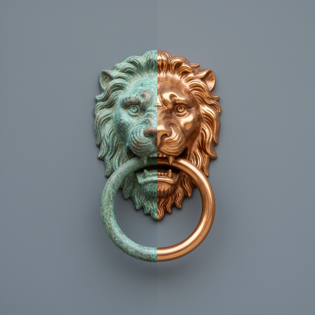 A professional, highly detailed product photo showcasing a beautiful, ornate copper object, such as an antique door knocker or a small decorative sculpture. The image is conceptually split down the middle or diagonally, illustrating a stark 'before and after' effect. On one side, the copper is heavily covered in a distinct green and bluish-green patina, showing clear signs of long-term weathering. On the other side, the same object gleams with its original, polished reddish-golden shine, reflecting light brightly. The contrast powerfully highlights the transformation achievable through the cleaning process described in the article.