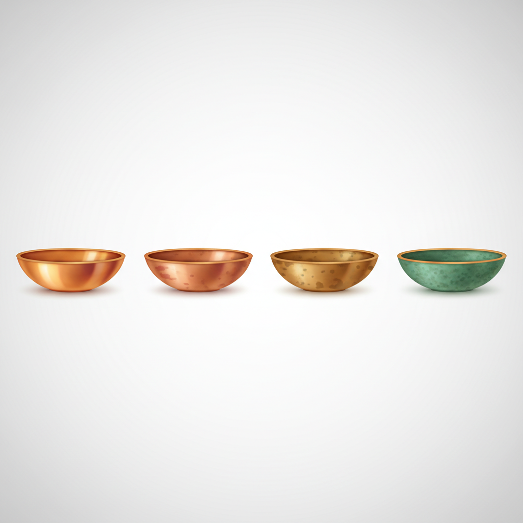 An illustrative infographic style image depicting the progressive stages of copper weathering. The image shows a sequence of 3-4 identical simple copper objects (e.g., small copper bowls or tiles), arranged horizontally or vertically. The first object should be bright, shiny reddish-golden copper. The subsequent objects progressively show increasing levels of weathering: first a subtle dullness, then a yellowish-brown tint, and finally a prominent, even green-blue patina. The visual progression clearly demonstrates the transformation of copper over time due to environmental exposure.