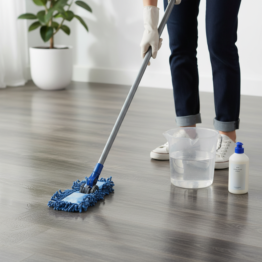 A vibrant, professional photo capturing the active cleaning of a modern vinyl floor. A person, only their lower body and hands visible, is expertly mopping a section of the floor with a flat mop. A clean, clear bucket filled with slightly sudsy water and a discreet bottle of mild dish soap are positioned nearby. The already cleaned portion of the dark grey or wood-effect vinyl floor gleams with a visible shine, reflecting ambient light. The scene should evoke efficiency and cleanliness, highlighting the positive outcome of proper floor care.