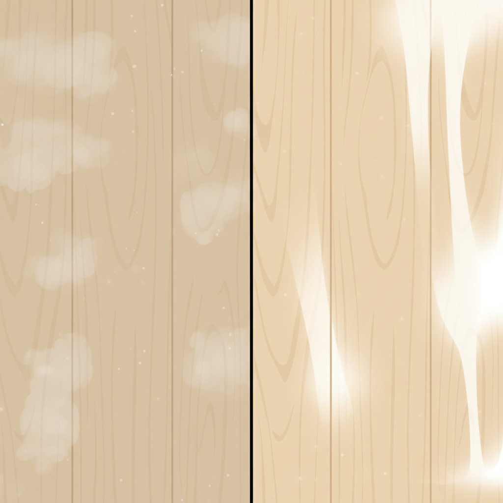 An infographic-style illustration depicting a clear contrast between two sections of a vinyl floor. The left side showcases a dull, slightly streaky vinyl floor surface, with a subtle visual cue suggesting a sticky film or residue, perhaps a faint, slightly raised texture. The right side displays the identical vinyl floor material, impeccably clean, highly reflective, and sparkling with a pristine gloss. The transition between the two sections should be sharp, visually emphasizing the difference between an improperly cleaned floor and one that achieves optimal shine.