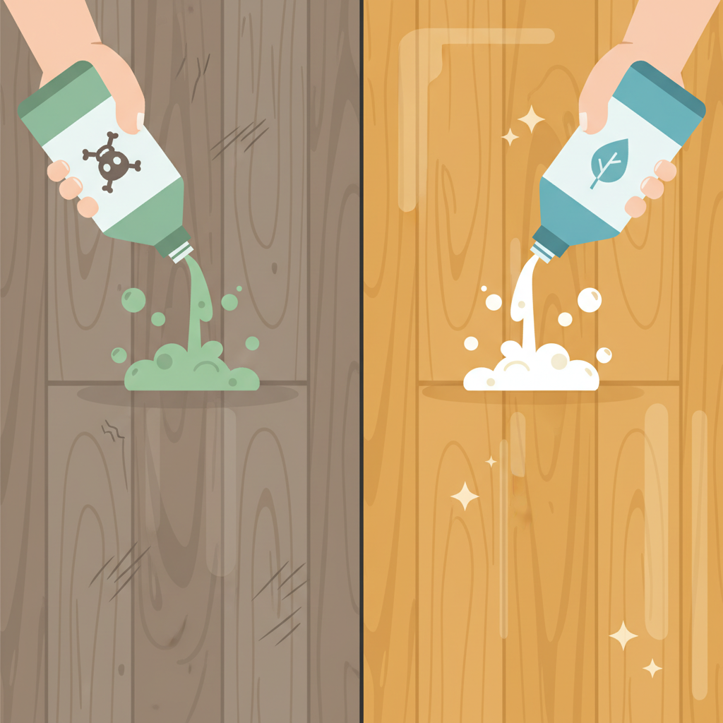 A split-scene illustration demonstrating the impact of different cleaning agents on vinyl flooring. On the left, a section of vinyl floor appears dull, discolored, and slightly damaged, with a generic, harsh-looking cleaning product being applied. The cleaning solution is depicted with aggressive bubbles or fumes, indicating a damaging effect. On the right, the same vinyl floor section gleams, showing its original vibrant color and pristine condition, as a specialized, gentle vinyl cleaner is applied. The cleaner is represented with soft, effective suds, highlighting its protective properties. The overall style should be a clean, modern flat illustration.