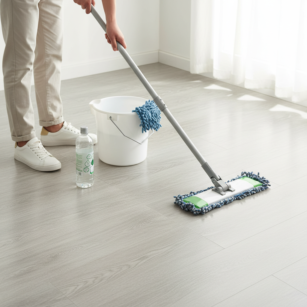 A professional photo capturing a person (from the waist down, or hands-focused) gracefully cleaning a modern, light-colored vinyl floor. The floor section being cleaned should visibly transition from slightly dusty to sparkling clean, with a subtle, healthy sheen. A specialized vinyl cleaner bottle and a clean bucket with a mop head are visible near the action. The overall scene should convey ease of use, efficiency, and the satisfying result of a well-maintained floor, bathed in soft, natural light. Emphasize cleanliness and a fresh atmosphere.