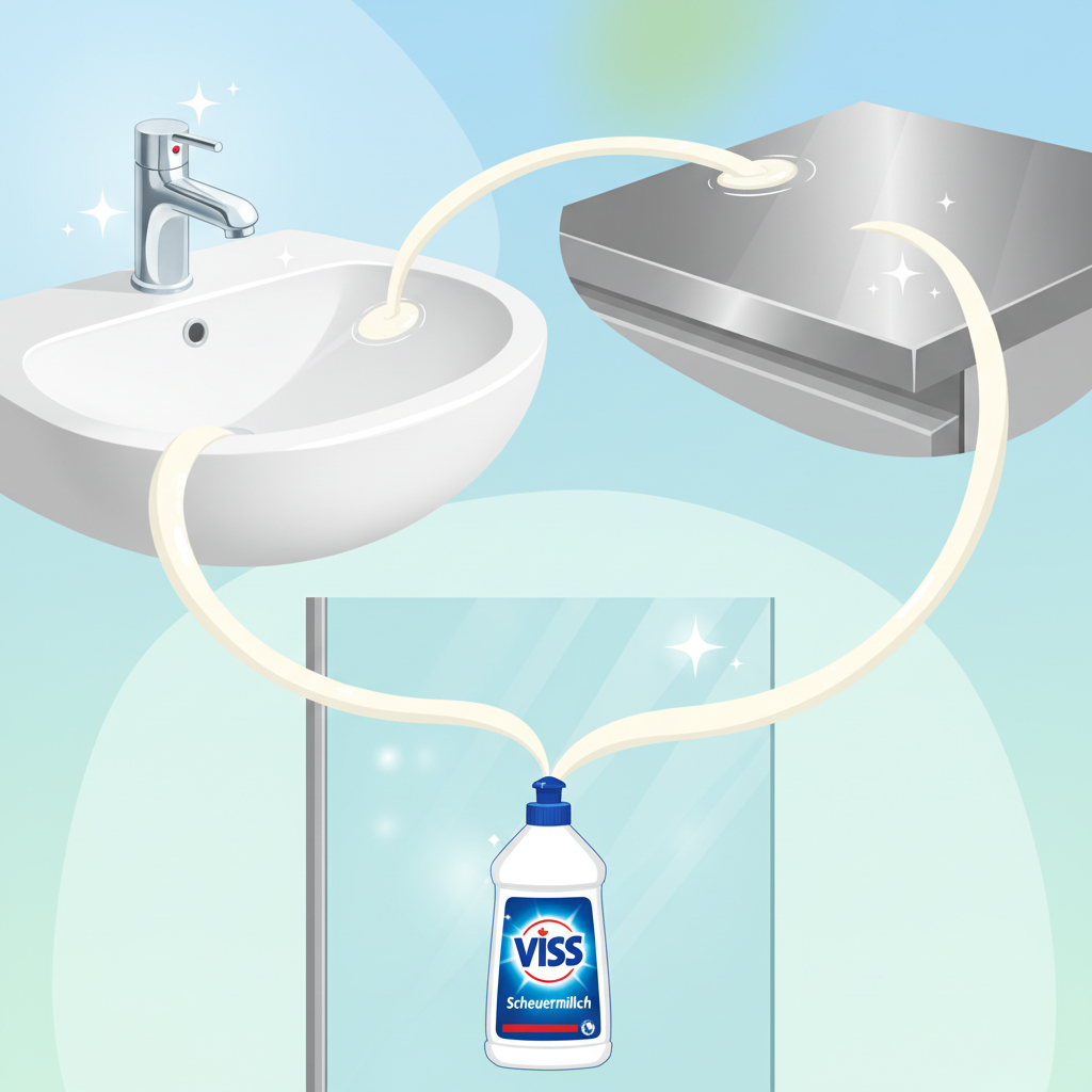 A vibrant, clean flat illustration depicting a collage of various household surfaces that have been recently cleaned. The illustration should feature distinct, brightly lit segments: a sparkling white ceramic bathroom sink with a polished faucet, a gleaming section of a stainless steel kitchen counter, and a crystal-clear glass shower panel. Subtle 'sparkle' effects emanate from the clean areas. A bottle of Viss Scheuermilch is visible in the foreground, with gentle, swirling lines of milky liquid connecting it to the perfectly clean surfaces, visually representing its versatile cleaning power.