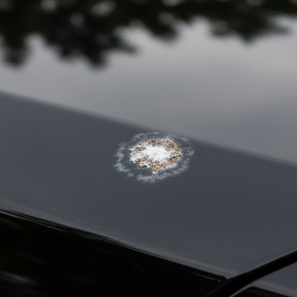 A high-resolution, professional studio photograph focusing on a close-up detail of a car's dark, glossy paintwork. A partially dried bird dropping sits on the surface. Around the outline where the dropping has been, subtle signs of damage are visible: a faint dulling or etching in the clear coat, indicating acidic corrosion beginning. The reflection in the paint shows a soft, diffused outdoor light, highlighting the car's pristine condition marred by the specific damage area. The texture of the paint and the dropping should be incredibly realistic, emphasizing the problem and the urgency of removal.