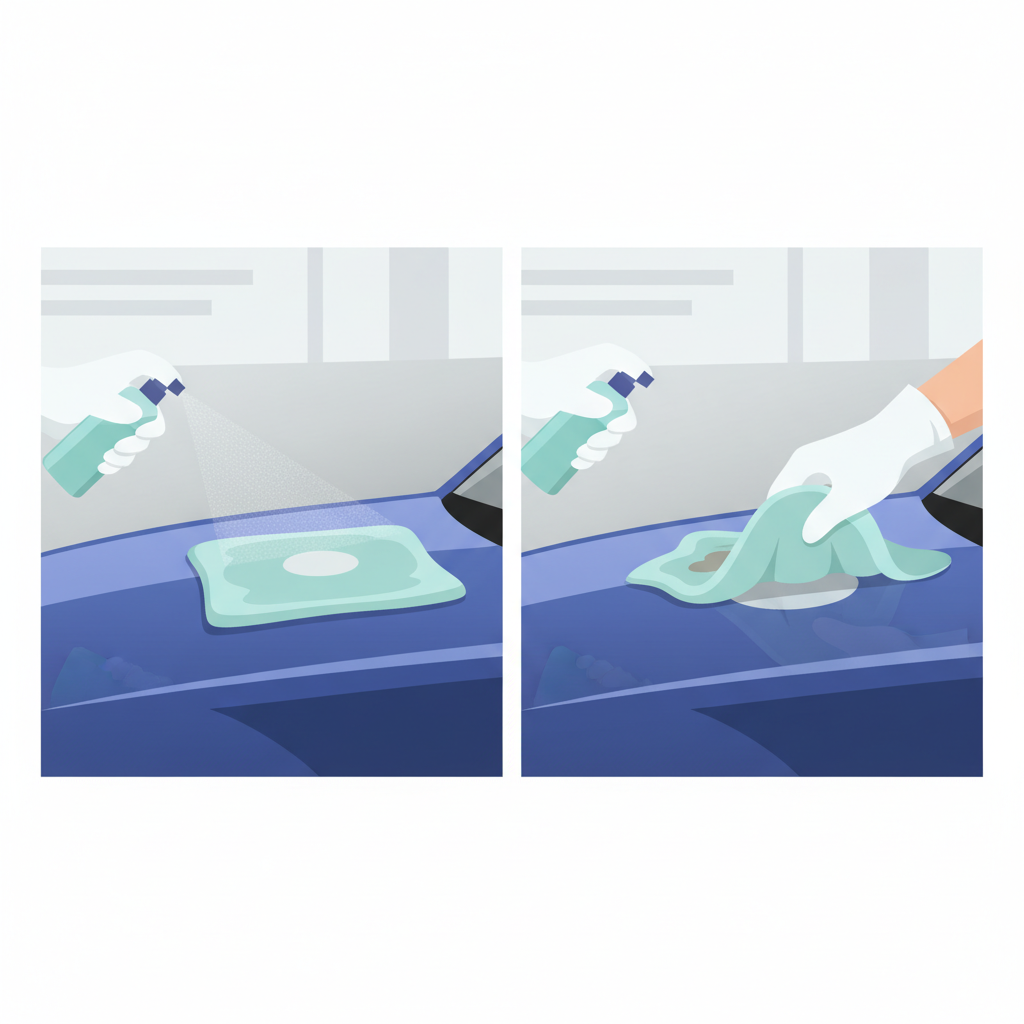A clean, modern flat illustration depicting the careful removal of bird droppings from a car's surface. The illustration is segmented into two distinct, sequential actions. The first segment shows a soft microfiber cloth gently laid over a bird dropping on a car panel, with a fine mist of water or cleaning solution being sprayed onto it from a small bottle held by a hand wearing a glove. The second segment shows the cloth being carefully lifted, revealing a clean spot underneath, implying the softened droppings were absorbed. The background is simple, focusing on the action and gentle technique without scrubbing.