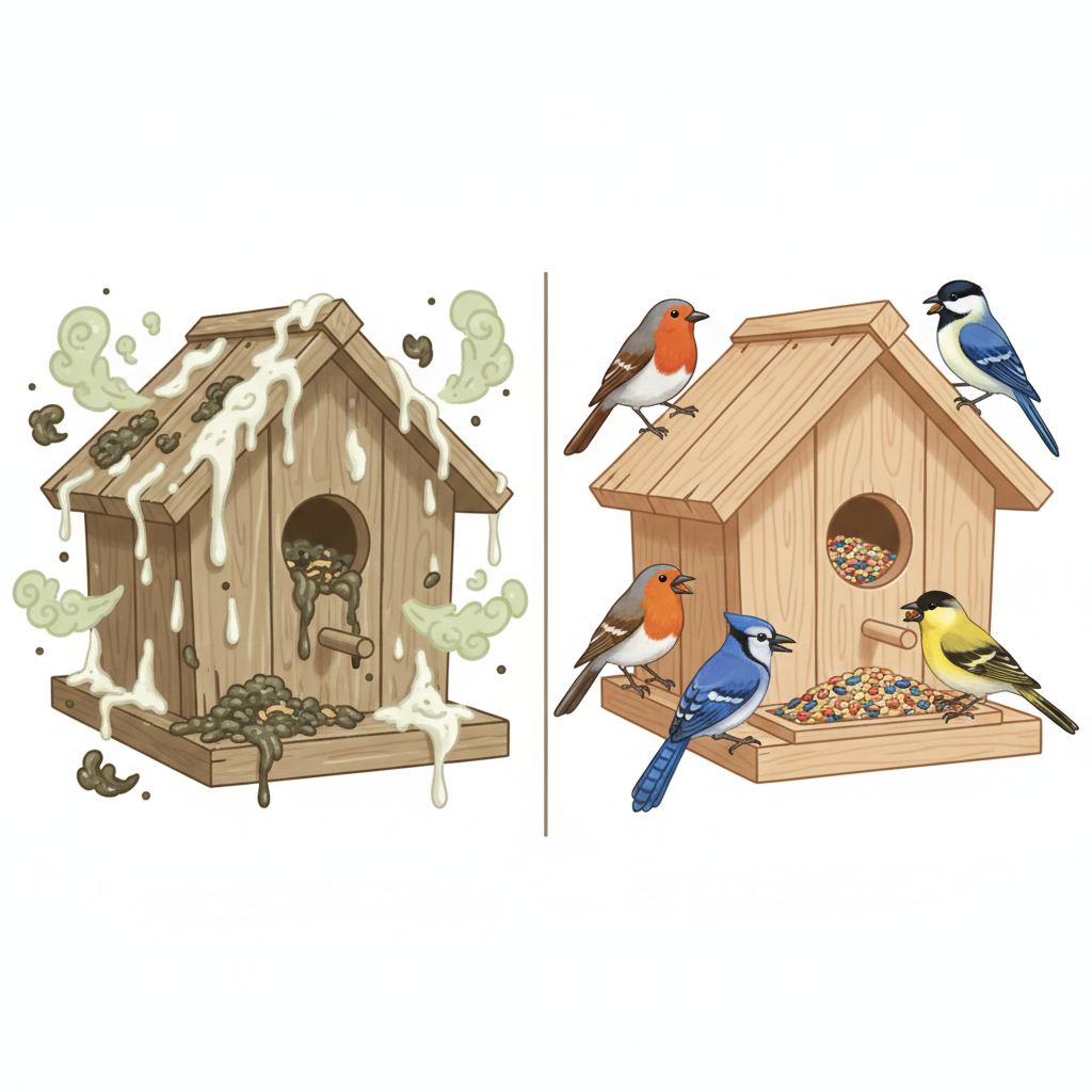 A detailed split-screen illustration contrasting a neglected birdhouse with a meticulously cleaned one. On the left side, a worn wooden birdhouse is visibly encrusted with bird droppings and moldy seed husks, depicting an unhygienic environment. Subtle, abstract green and brown cloud-like shapes subtly represent bacteria or unpleasant odors. On the right, the identical birdhouse appears sparkling clean, with fresh, vibrant seeds neatly arranged. Several healthy, bright-feathered wild birds are actively and happily feeding from the clean birdhouse. The overall style is a clean, informative infographic illustration with soft, natural colors.