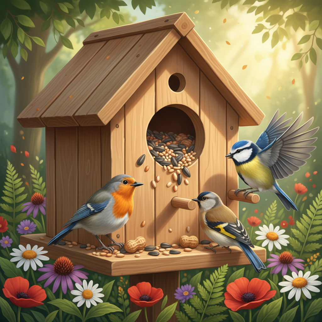 A vibrant, inviting illustration of a clean and well-maintained birdhouse nestled within a lush, healthy garden. The wooden birdhouse is spotless, showcasing its natural wood grain, and is filled with an abundance of diverse, fresh seeds. Several energetic, brightly colored wild birds (e.g., a blue tit, a robin) are peacefully feeding, flitting, and perched around it, demonstrating their trust and comfort. The background features soft-focus green foliage, blooming flowers, and gentle sunlight, emphasizing a thriving, safe, and welcoming natural habitat. The art style should be a warm, cheerful digital painting.