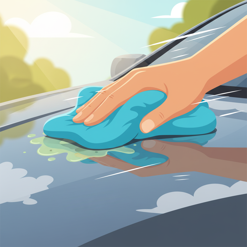 A vibrant, dynamic flat illustration depicting a hand, holding a soft, damp cloth, in the process of gently wiping away a fresh bird dropping from a glossy, dark car hood. The droppings are clearly visible but not yet fully dried or caked on. The movement of the hand and cloth should convey speed and efficiency. The background is softly blurred to keep focus on the action. The overall aesthetic should be clean, modern, and reassuring, highlighting the immediate and gentle removal process to prevent damage.