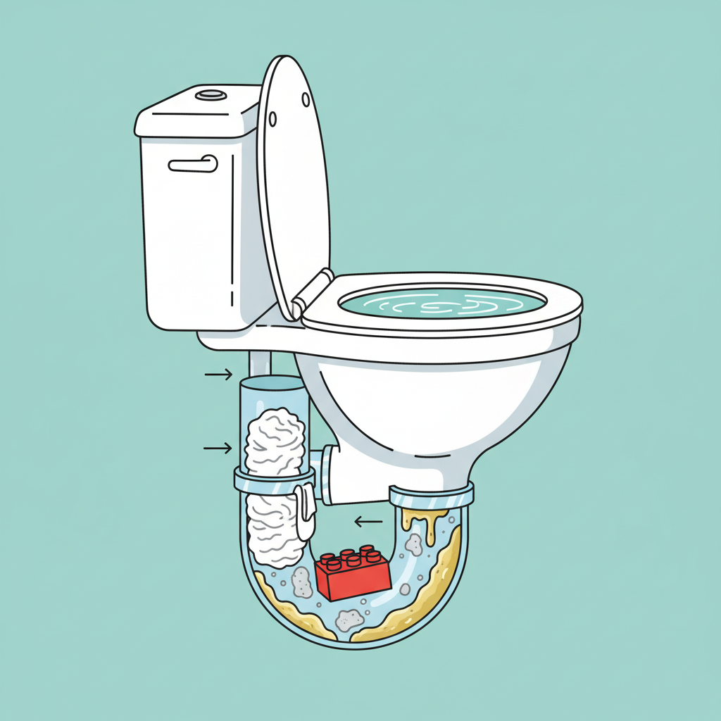 A detailed, clean flat illustration showing a cutaway view of a modern toilet bowl and its S-trap drain pipe. Inside the translucent pipe, various common obstructions are clearly depicted: a large clump of toilet paper, a folded wet wipe, a small plastic toy, and visible layers of whitish-grey limescale and yellow-brown grease clinging to the inner pipe walls. The water in the toilet bowl is high and stagnant, emphasizing the blockage. The overall style should be infographic-like, using clear lines and soft, inviting colors to explain the causes visually.