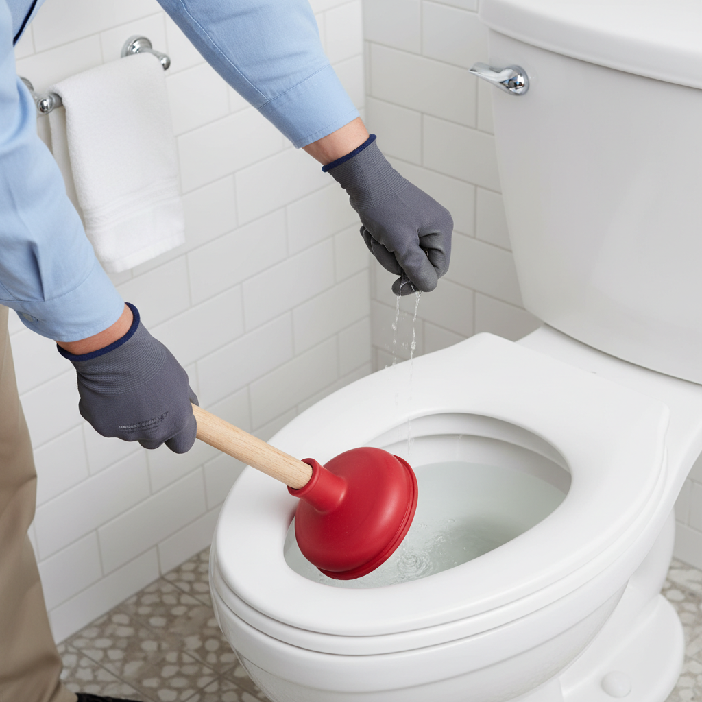 A professional, well-lit photo from a slightly elevated angle, capturing the action of a person using a red rubber plunger on a white ceramic toilet. The toilet bowl is partially filled with clear water, indicating a clog. The plunger is firmly pressed down over the drain opening, with the person's hands gripping the handle, demonstrating effective use. The scene should be clean and practical, focusing on the tool and the immediate solution, suitable for a DIY guide.