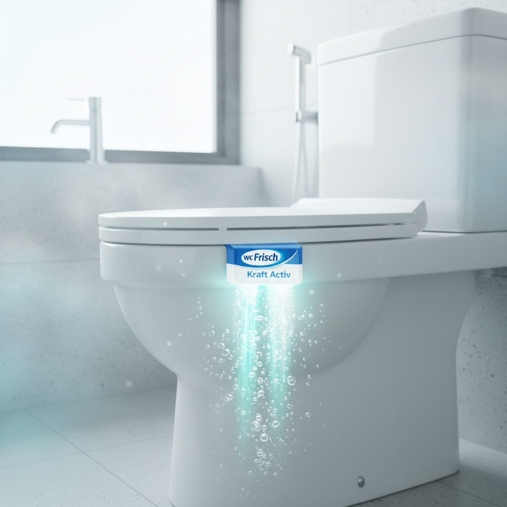 A detailed, professional 3D render of a sparkling clean toilet bowl in a modern, well-lit bathroom. The WC Frisch Kraft Aktiv product is visibly suspended under the rim. From the product, subtle, energetic streams of light blue and white flow into the water, dispersing small, effervescent bubbles. These elements visually represent active cleaning ingredients and a refreshing scent spreading, leaving the ceramic gleaming and the surrounding air appearing visibly fresh and pure. The overall impression is one of effortless hygiene and lasting freshness.