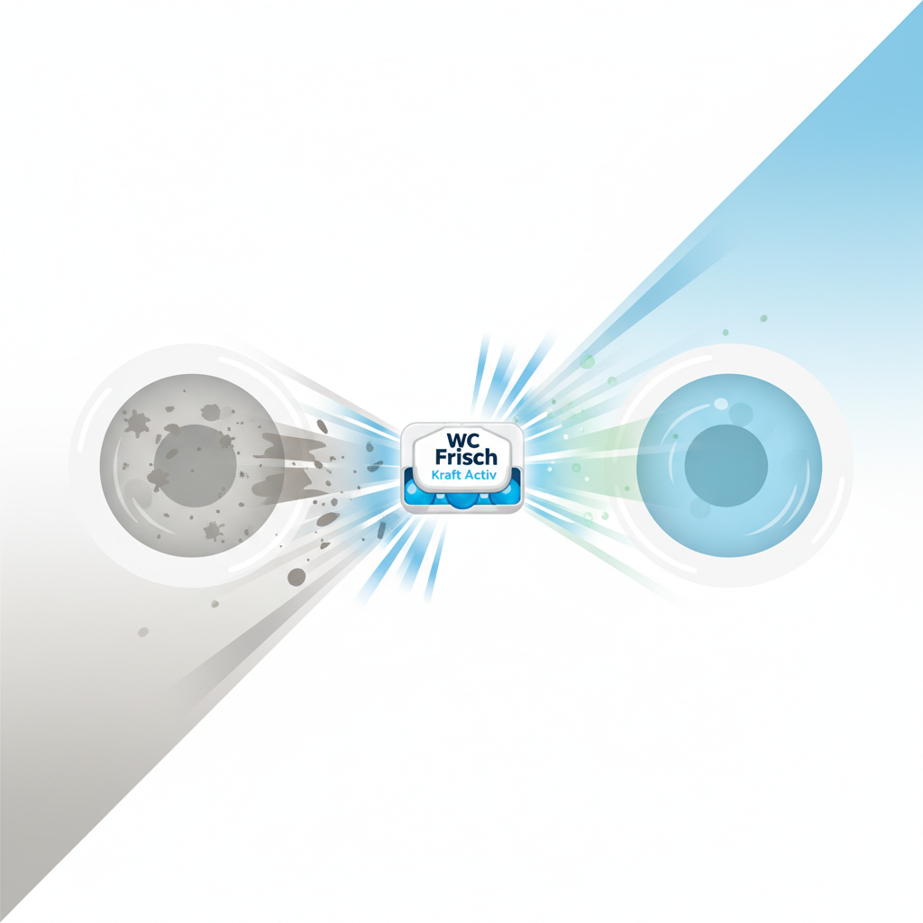 A clean, infographic-style flat illustration showcasing the transformative effect of the product. The illustration features a toilet bowl divided diagonally or by a dynamic line. On one side, abstract, muted grey and brown smudges and small, indistinct, shadowy shapes represent dirt and germs. On the other side, the toilet bowl is pristine white and radiates subtle, light blue and green fresh auras. A stylized representation of the WC Frisch Kraft Aktiv product acts as the central pivot, visually pushing away the impurities towards the clean, revitalized state.