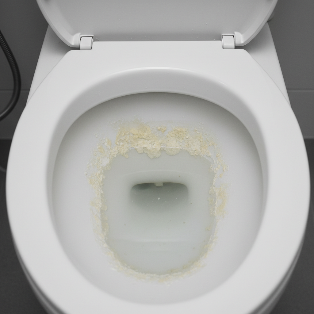 A close-up, slightly elevated shot looking into a clean, white ceramic toilet bowl, but with distinct, yellowish-white limescale deposits clearly visible around the water line and just below it. The water in the bowl should appear still and slightly murky, reflecting the problem. The overall impression should be one of a common household issue that needs cleaning. Style: Professional, clean product photography with a focus on highlighting the specific issue without being overly unappealing, perhaps slightly desaturated tones to emphasize the limescale.