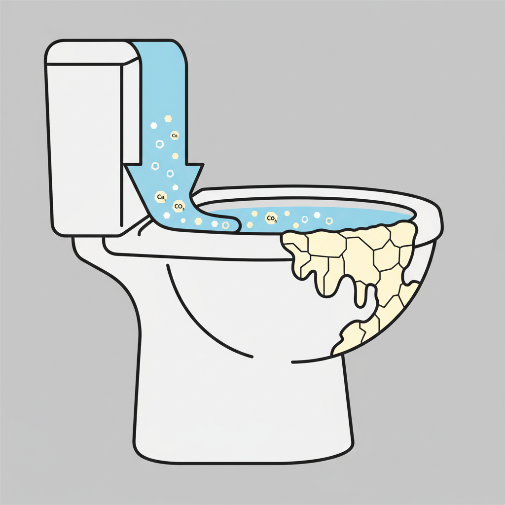 An infographic-style illustration depicting the concept of hard water and limescale formation. On one side, a simplified water stream or stylized droplet enters a toilet bowl outline. Within the water, small, distinct mineral symbols (e.g., stylized calcium carbonate molecules or crystals) are visible. As the water settles or evaporates within the bowl, these mineral symbols should be shown accumulating and forming a layered, scale-like deposit on the ceramic surface. Use a clear, vector-based flat illustration style with a clean color palette (blues for water, whites/light yellows for limescale, subtle grey for ceramic).