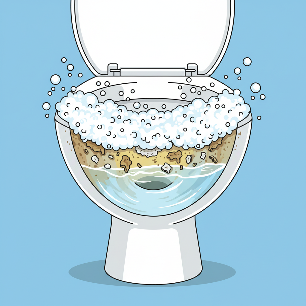 A detailed vector illustration depicting a cross-section of a toilet bowl. Thick, white, active foam clings to the inner ceramic walls, visibly dissolving layers of brown and yellow grime and lime scale beneath it. Tiny bubbles emanate from the foam, illustrating the chemical action breaking down tough deposits. The water at the bottom of the bowl is beginning to clear, showing a transformation from dirty to clean. The background is simple, emphasizing the cleaning process within the bowl.