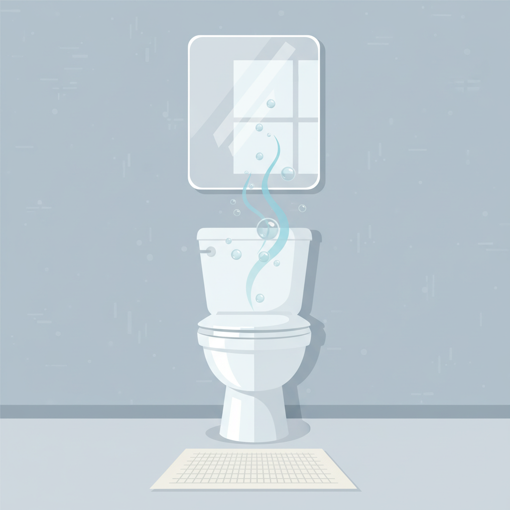 A clean and minimalist flat illustration showcasing a sparkling, pristine toilet within a modern bathroom setting. The ceramic surfaces of the toilet bowl gleam brightly, reflecting soft light. Above the toilet, subtle, abstract elements like delicate, light blue swirling lines or transparent bubbles gently rise, symbolizing freshness, cleanliness, and a pleasant aroma. The overall composition conveys a sense of hygiene, comfort, and an inviting, fresh atmosphere.