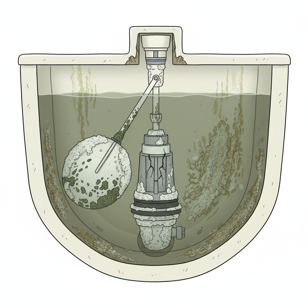 An infographic-style illustration depicting a cutaway view of a neglected toilet cistern. Inside, clearly visible elements like a water line, a float, and a flush valve are shown. The water is murky, and significant limescale and mineral deposits cling to the internal walls, the float mechanism, and around the valve seals. Greenish-brown bacterial slime patches are present on surfaces. The overall impression should be one of unhygienic conditions and potential malfunction due to these visible problems.