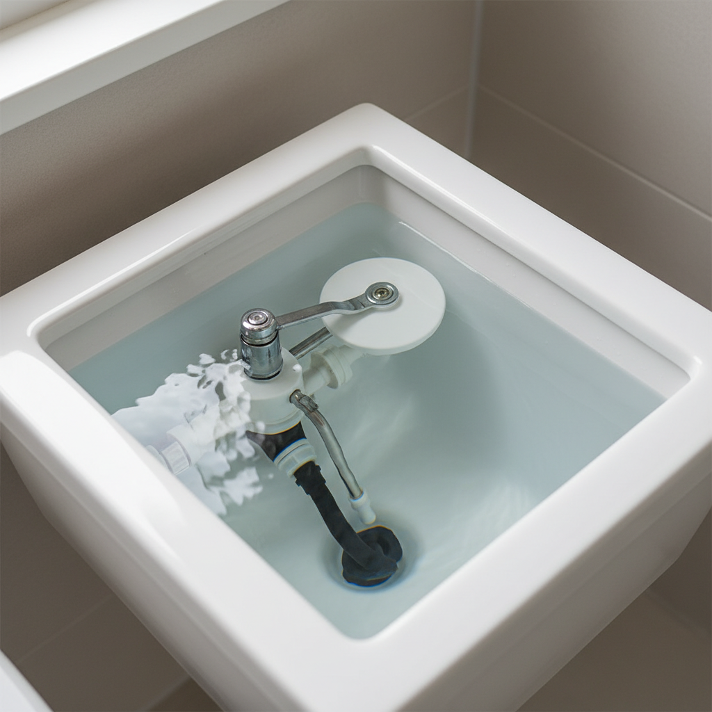 A clean and bright professional photo or a realistic digital painting of a sparkling clean, open toilet cistern. The water inside is crystal clear, reflecting light, with no visible impurities. All internal components such as the float, the flush mechanism, and the internal walls are pristine, free of any limescale, rust, or grime. The materials (plastic, ceramic, metal) appear new and well-maintained, highlighting a sense of hygiene and proper functioning. Soft, natural light illuminates the scene, emphasizing cleanliness and a refreshing atmosphere.
