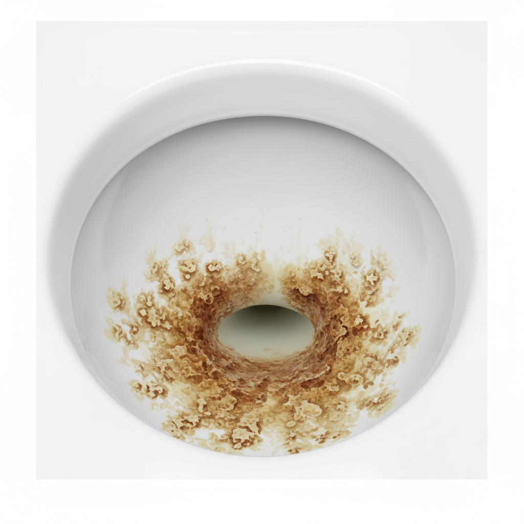 A close-up, slightly elevated view inside a white ceramic toilet bowl. The focus is on the area below the typical waterline, where significant yellowish-brown to reddish-brown WC stone (Urinstein) deposits are clearly visible. These deposits appear as thick, rough, and unsightly crusts clinging to the smooth ceramic surface. The surrounding ceramic above the deposits is clean and bright white, providing a strong contrast to the accumulated grime. The lighting is bright and clear, highlighting the texture and discoloration of the stone. Professional photo-realistic illustration style.