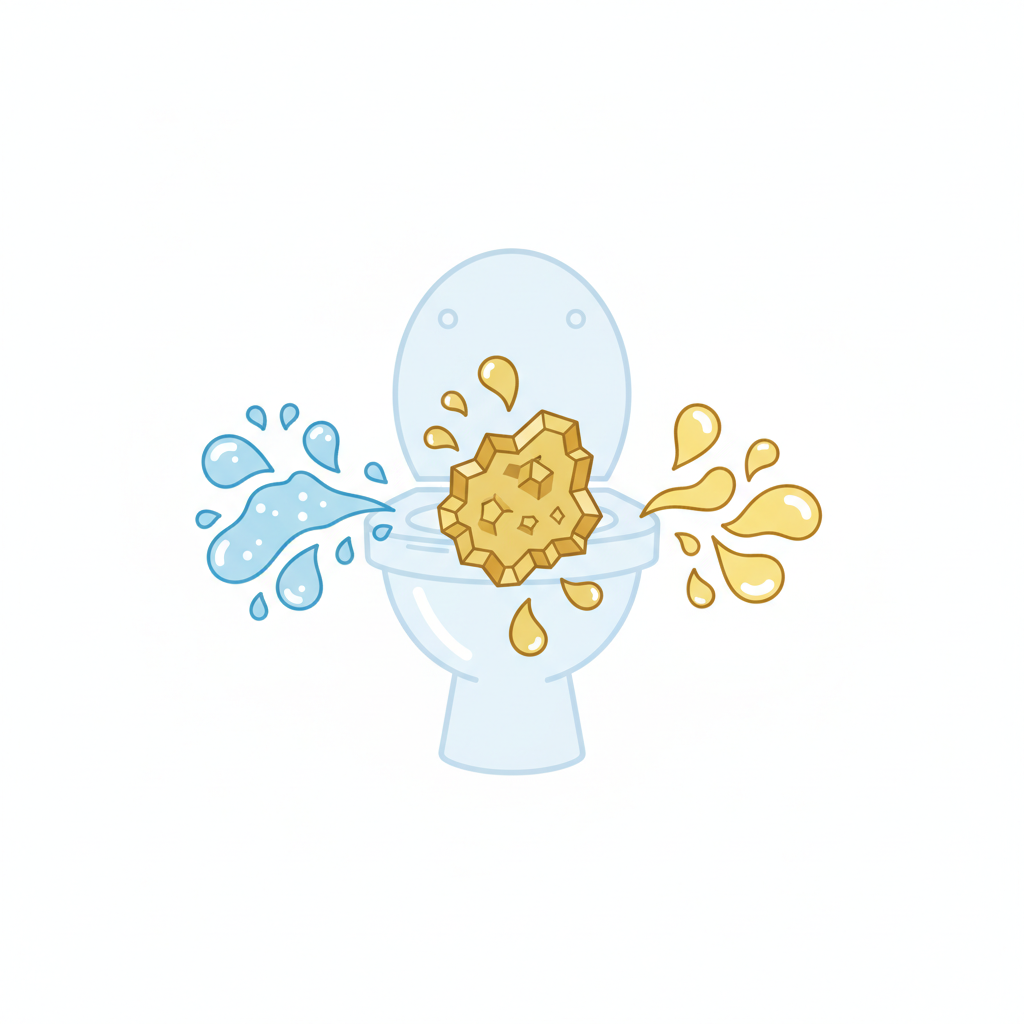 A clean, modern flat illustration depicting the formation of WC stone. On one side, abstract representations of hard water droplets (light blue with white specks, symbolizing lime/minerals) are shown. On the other side, abstract representations of yellow liquid droplets (symbolizing urine) are present. In the center, within a subtly hinted, simplified toilet bowl shape, these elements are merging and solidifying into a distinct, irregular, yellowish-brown mass, representing the WC stone. The illustration uses clear lines and a limited color palette to convey the concept of accumulation and crystallization. Infographic style, educational aesthetic.