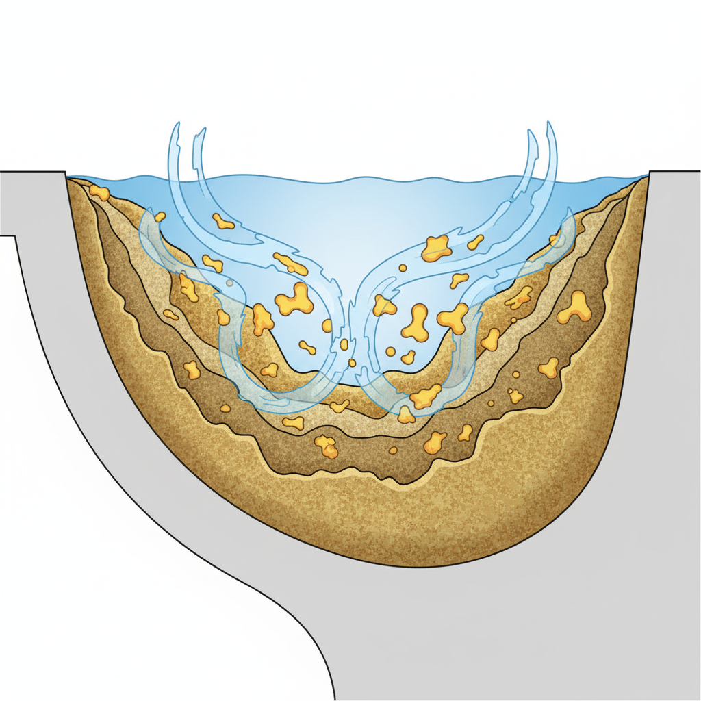 An illustrative diagram depicting the formation of urine scale within a toilet bowl. The scene focuses on a cross-section of the toilet ceramic below the water line, where distinct layers of yellowish-brown, crystalline deposits are visibly adhering. Abstract, swirling elements representing hard water minerals (like calcium ions) and uric acid compounds from urine subtly merge and solidify onto the ceramic, visually explaining the chemical process of scale formation. The overall style should be a detailed scientific illustration with clean lines and a clear focus on the microscopic yet visible problem.